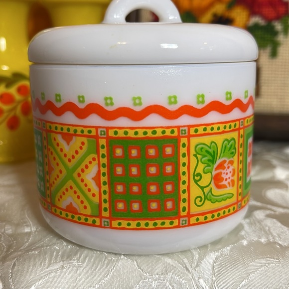 1970´s Avon Patchwork Print Milk Glass Candle Holder/Trinket Dish Soup Mug - Picture 3 of 11